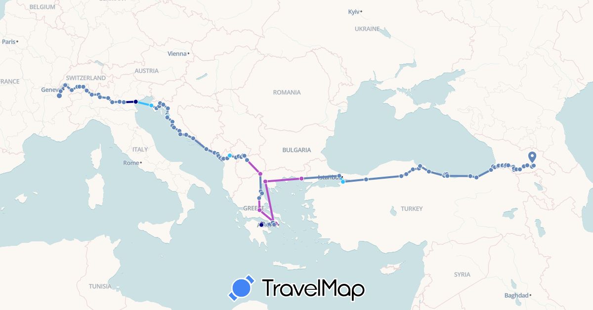 TravelMap itinerary: driving, cycling, train, boat in Albania, Switzerland, France, Georgia, Greece, Croatia, Italy, Montenegro, Macedonia, Turkey (Asia, Europe)